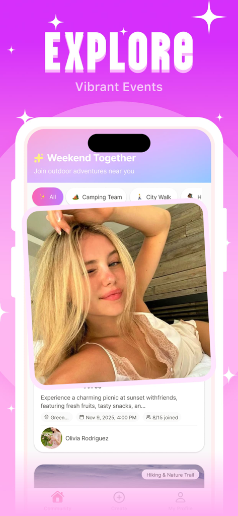 Lida - Connect & Share - Lida app interface showing the explore page for vibrant weekend events and community meetups.