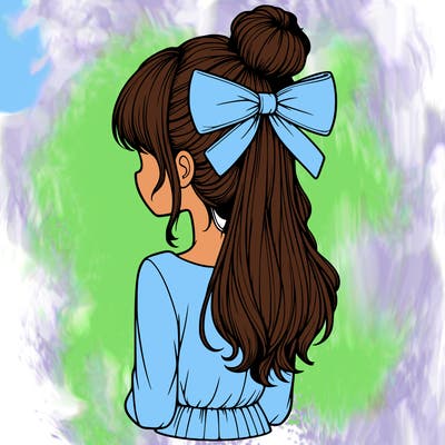 realistic girl  with hip length hair a bun and a big bow on the back of head