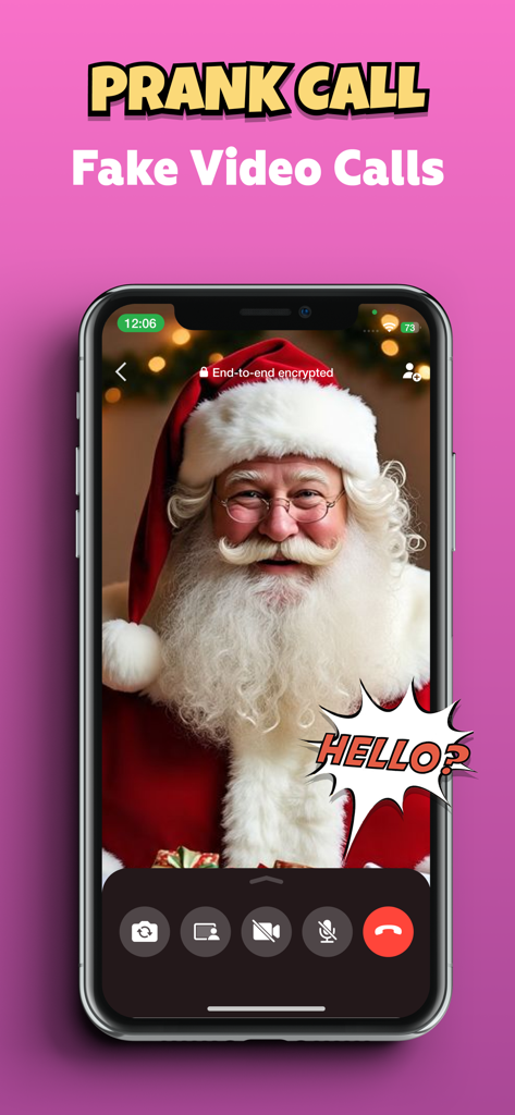 Prank - Funny Sounds,Simulator - Una pantalla de teléfono inteligente que muestra una videollamada falsa simulada de Papá Noel con el texto Llamada de Broma.