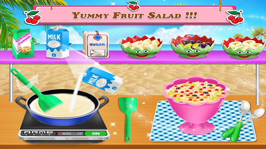 Fruit Dish Maker - Pantalla de juego de Creador de Postres de Frutas que muestra una receta de cocina para ensalada de frutas.