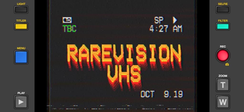 Rarevision VHS: Retro Cam - Interface of the Rarevision VHS app featuring a retro camcorder display with a glitchy title and analog date stamp