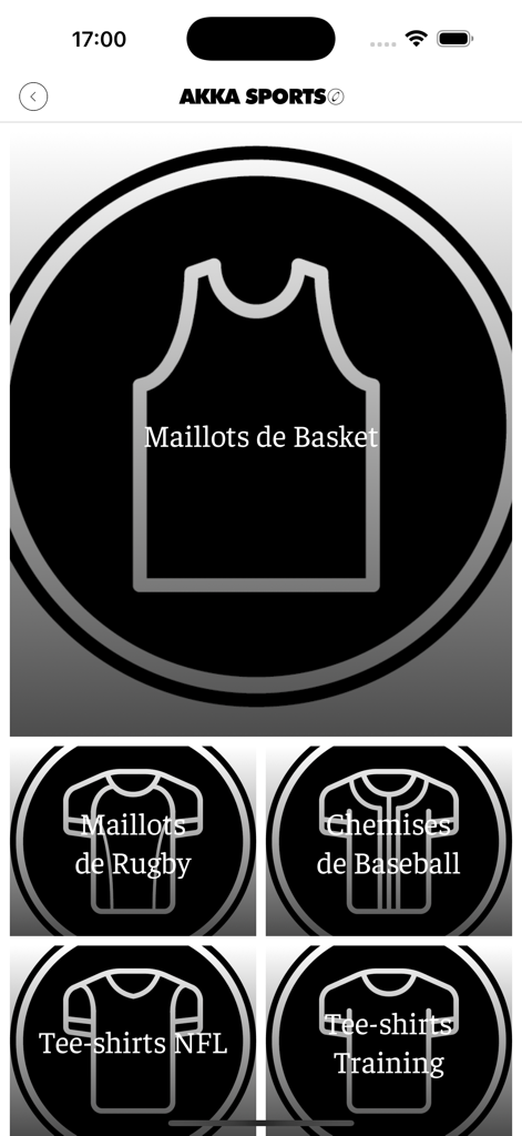 Akka sports - App interface for Akka Sports showing categories for basketball, rugby, and baseball jerseys