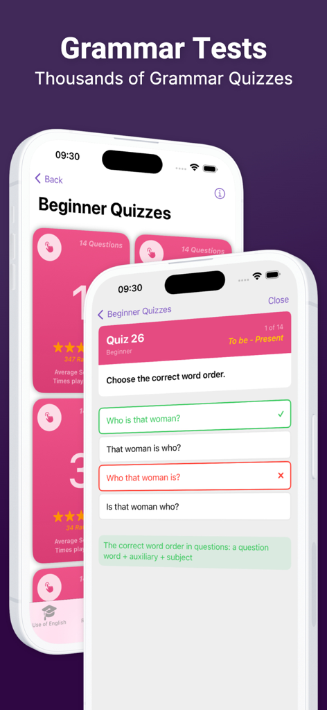Use of English PRO - Mobile app screen showing an English grammar quiz with multiple choice questions about sentence word order.