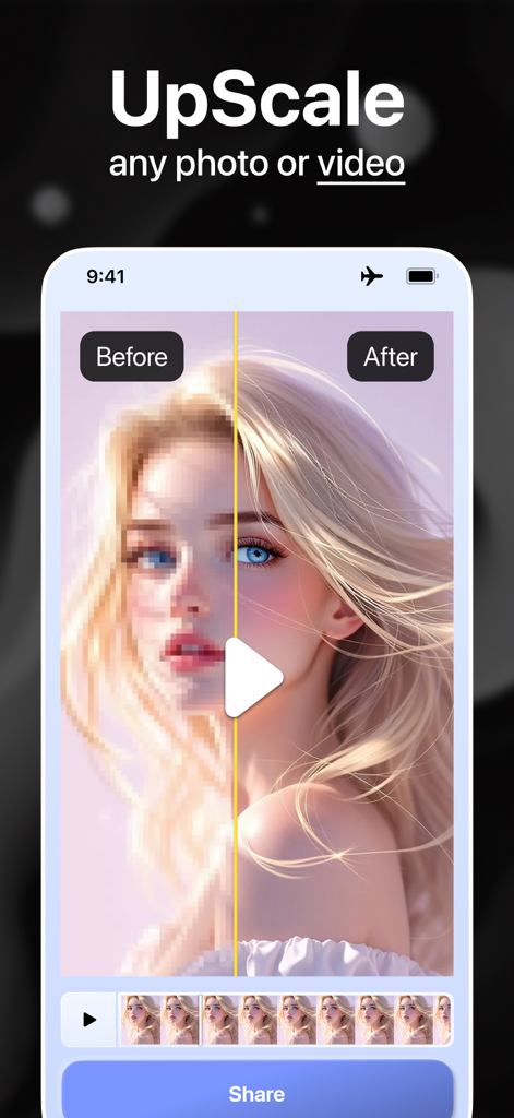 Before and after comparison of a pixelated and enhanced portrait using UScale app