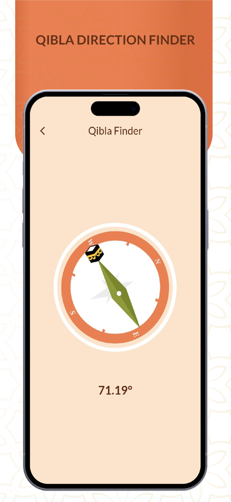 Al Quran MP3 القرآن الكريم - A smartphone displaying the Qibla Finder feature with a compass pointing towards the Kaaba