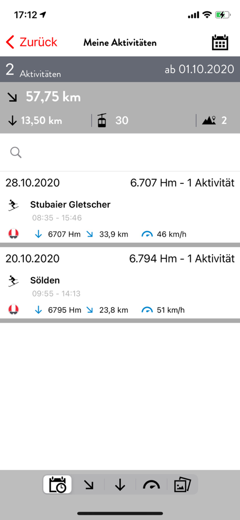 iSKI Austria - Ski & Snow - Smartphone-Bildschirm mit dem iSKI Austria Aktivitätsprotokoll, aufgezeichneten Skisitzungen und Leistungsstatistiken einschließlich Distanz und Geschwindigkeit.