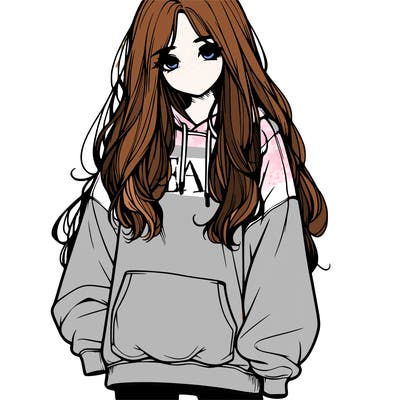 realistic girl with long hair and baggy sweat shirt
