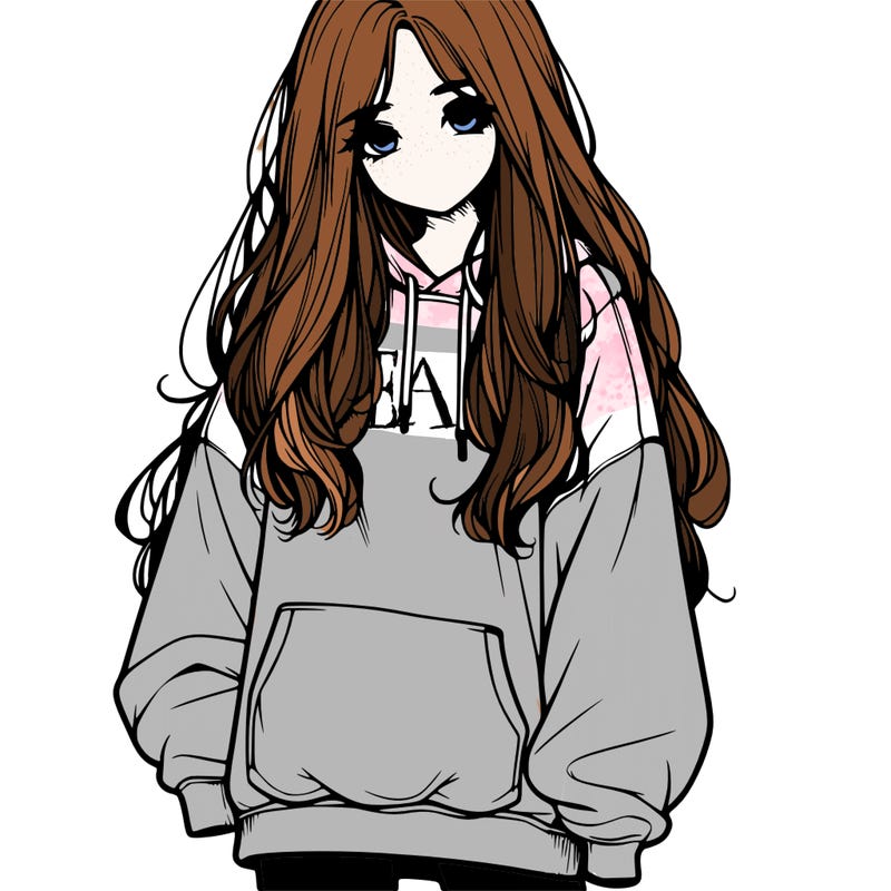 realistic girl with long hair and baggy sweat shirt