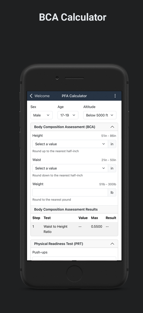 Official Navy PFA - BCA Calculator screen on the Official Navy PFA mobile app showing inputs for physical assessment criteria