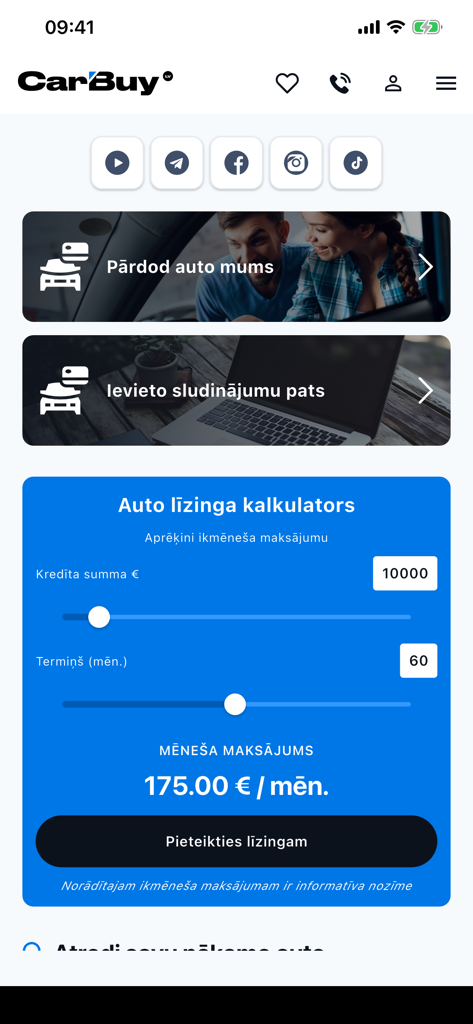 CarBuy - CarBuy mobile app home screen with auto leasing calculator and sell your car options