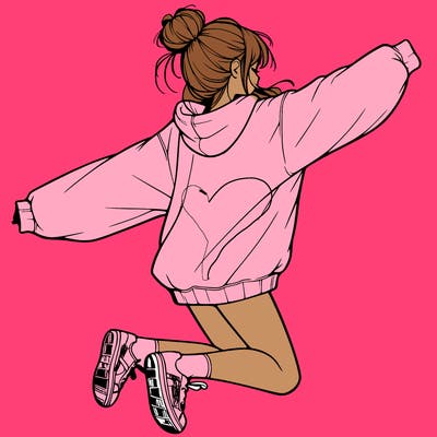 realistic girl jumping with a bun and oversized sweatshirt