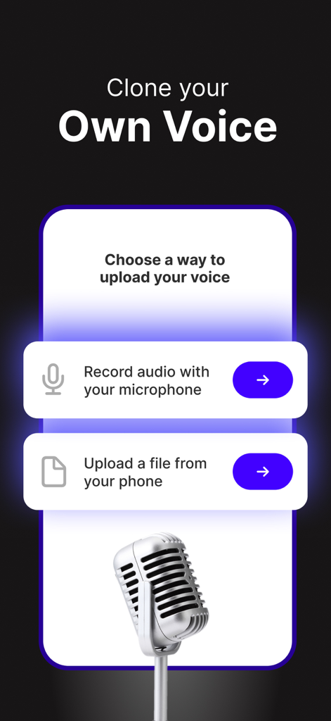 Speech Lab - Voicemod TTS - Interface of Speech Lab app showing options to clone your own voice by recording audio or uploading a file