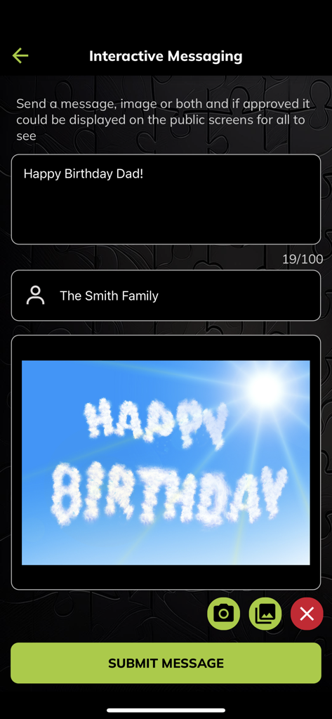 Jigsaw Interactive - A screenshot of the Jigsaw Interactive app showing the interactive messaging interface for sending a birthday message and image to venue screens.