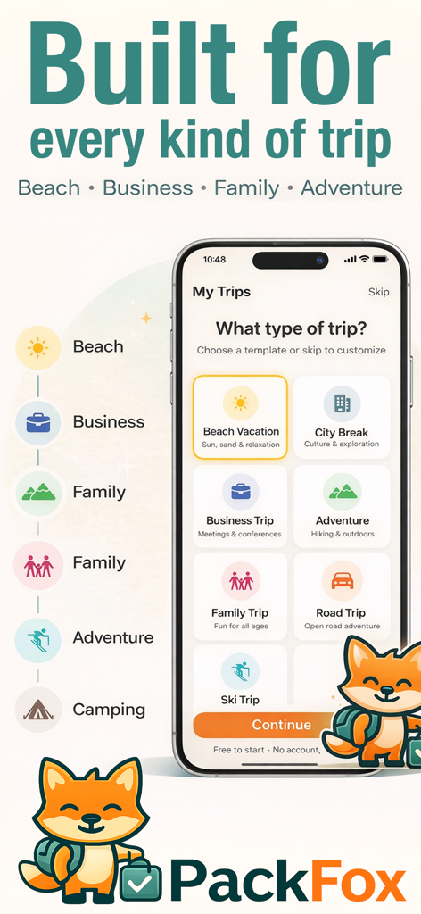 PackFox - Smart Packing Lists - PackFox-App mit Reisevorlagen für Strand-, Geschäfts-, Familien- und Abenteuerreisen.