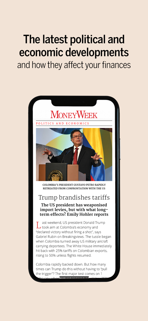 MoneyWeek app displaying an article about political and economic developments affecting finances