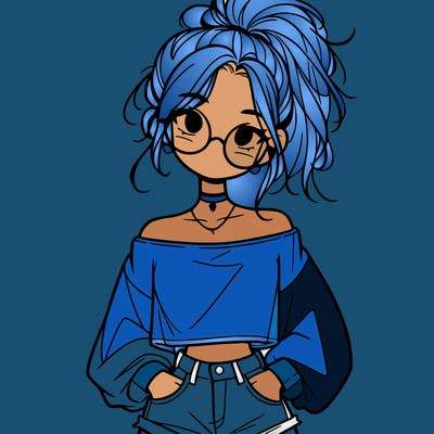 girl with a messy ponytail glasses a baggy crop top and jean shorts