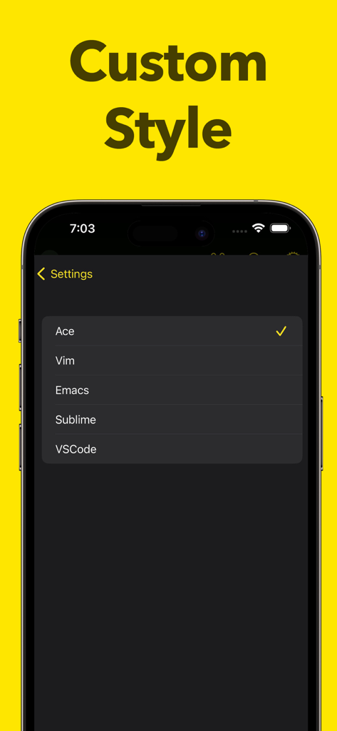 JavaScript Coding Editor IDE - Settings screen of the JavaScript Coding Editor app showing custom style options including Vim Emacs and VSCode