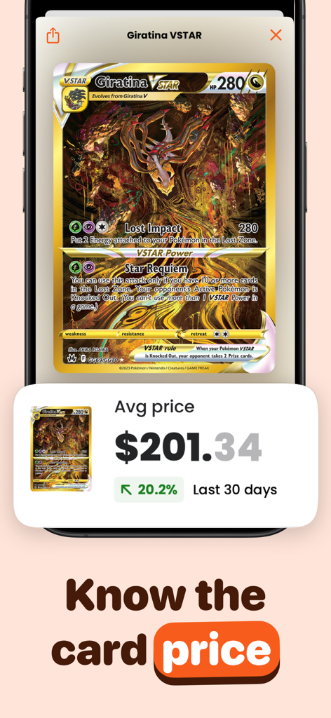Acorn TCG Card Value Scanner - Acorn TCG app interface showing the market price and value trend for a rare Pokemon card