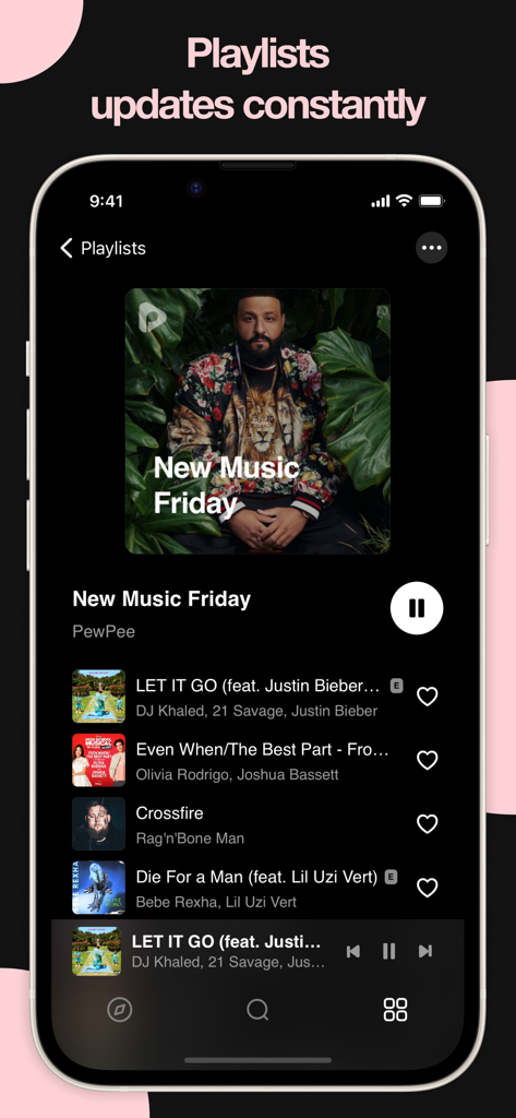 Smartphone screen showing the PewPee music player app with a New Music Friday playlist interface.