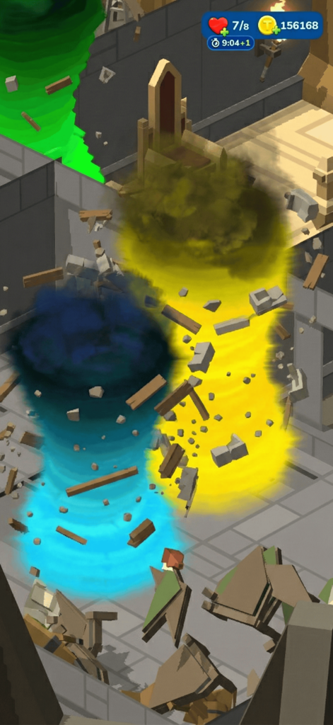 Colorful 3D tornadoes destroying a room and swallowing objects in Tornado io game