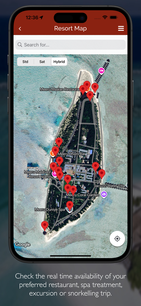 MeeruMaldives - Interactive resort map of Meeru Maldives island showing pins for restaurants and spa locations