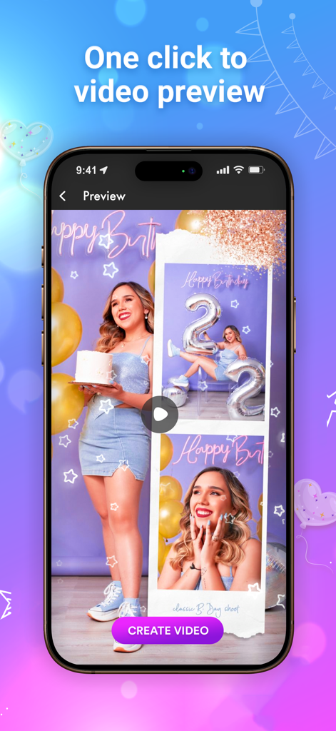 Birthday Video - Birthday Video Maker app interface showing a preview of a birthday celebration video with a woman, balloons, and a cake.