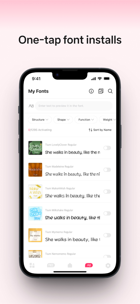 Ein Smartphone-Bildschirm, der die Bakey-App-Schriftartverwaltungsoberfläche mit einer Liste herunterladbarer Schriftarten und Ein-Tipp-Installationsschaltern anzeigt