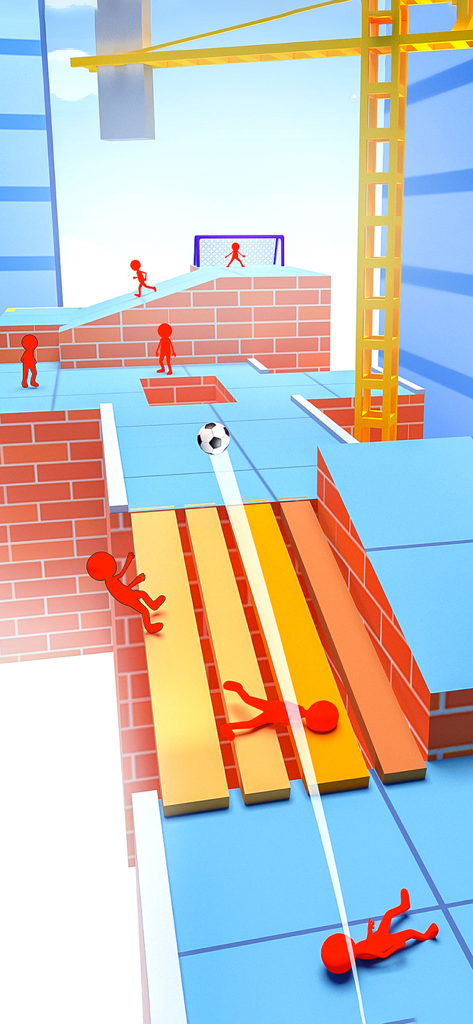 Una pelota de fútbol pateada a través de un nivel urbano derribando personajes ragdoll rojos en Wonder Goal.