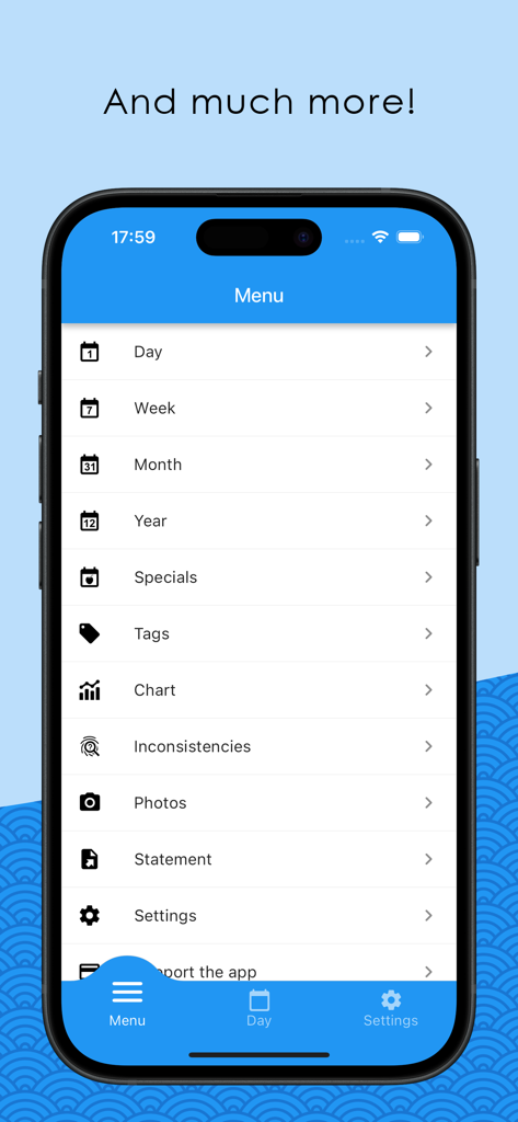 Easy Time Tracker ◴ - The main menu of the Easy Time Tracker app showing navigation options for daily, weekly, monthly, and yearly reports along with other features like charts and statements.