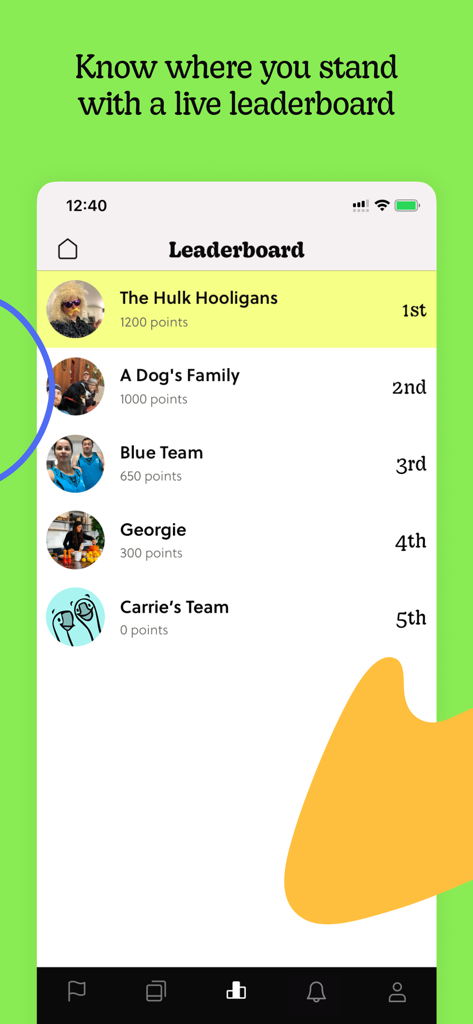 A screenshot of the Goosechase app live leaderboard showing team rankings and point totals