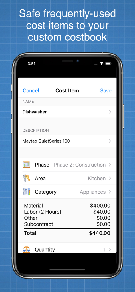 Construction Cost Estimator - Mobile app screen showing a detailed construction cost item for a dishwasher with material and labor breakdown