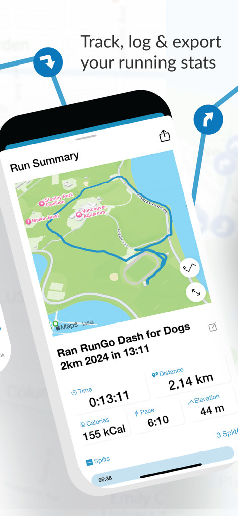 RunGo - The Best Routes to Run - RunGo app interface showing a run summary with a map and performance statistics