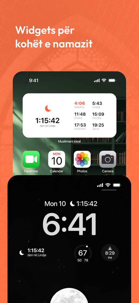 Muslimani Ideal - Muslimani Ideal app showing home and lock screen prayer time widgets