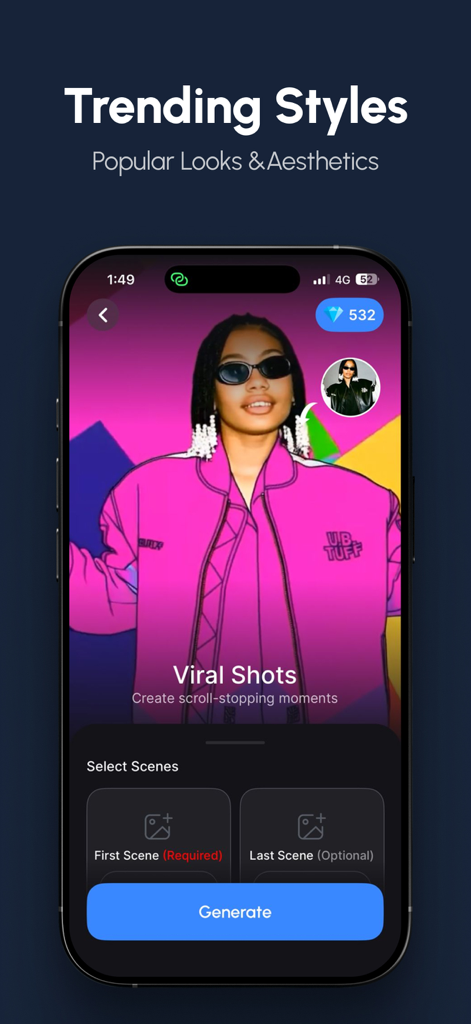 BeGen app interface showing trending styles and viral shots feature for social media creators