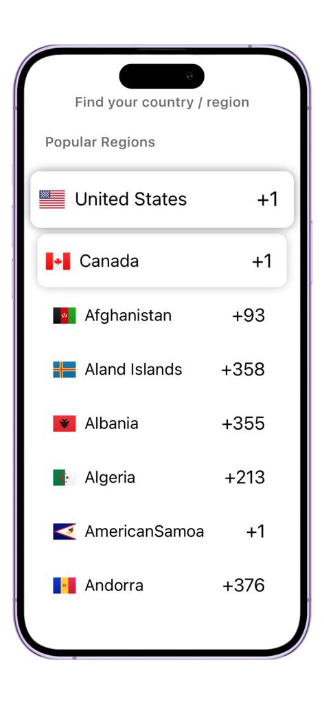 List of countries and phone prefixes for international calling in the WiFi calling app.