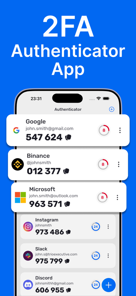 クリーンなiOSモバイルインターフェイス上のさまざまなサービス用の2FA認証コードのリスト