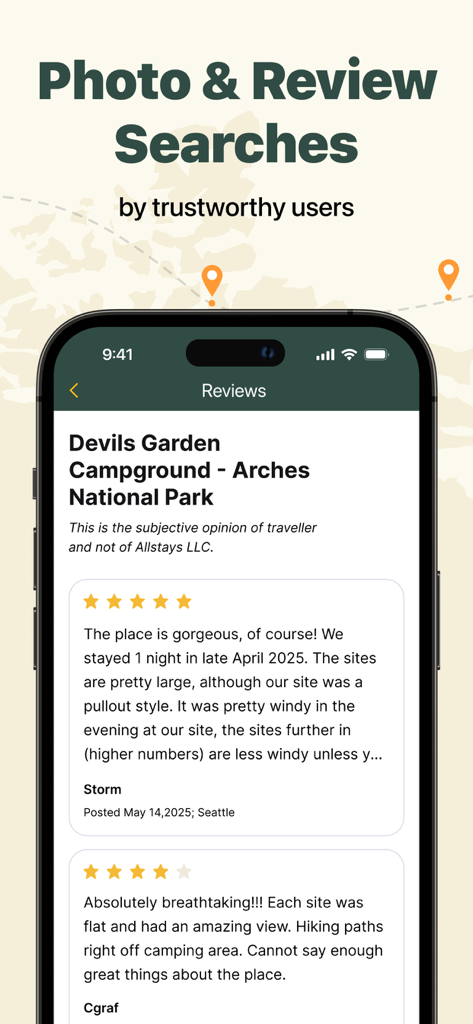 Mobile app interface of AllStays displaying user reviews for Devils Garden Campground in Arches National Park