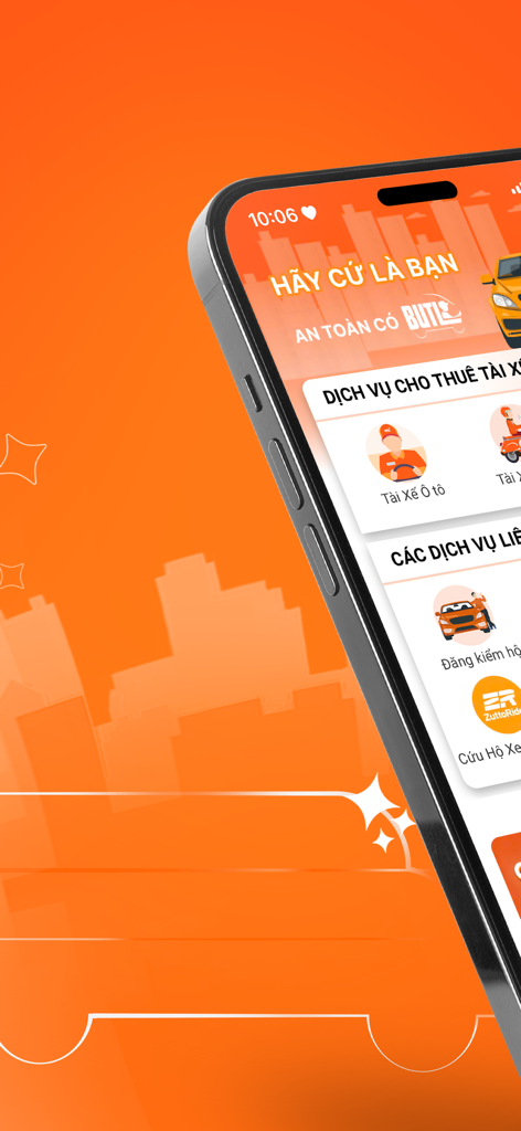 BUTL mobile app home screen showing driver rental and vehicle assistance services