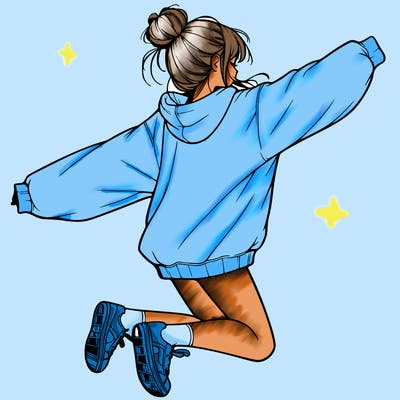 realistic girl jumping with a bun and oversized sweatshirt