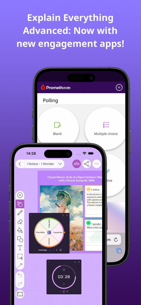 Explain Everything Whiteboard - Explain Everything Whiteboard app interface on two smartphones showing polling features a random spinner and a timer