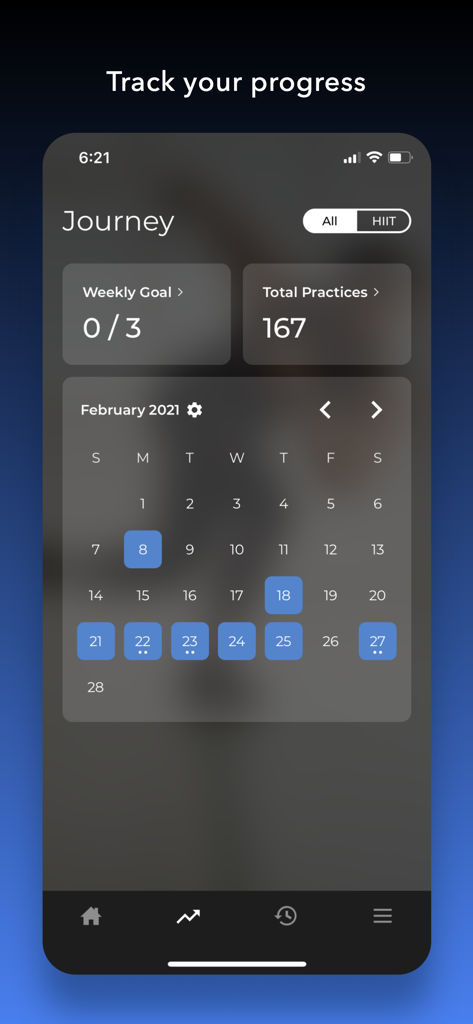 HIIT | Down Dog - HIIT Down Dog workout journey screen showing a calendar and practice stats