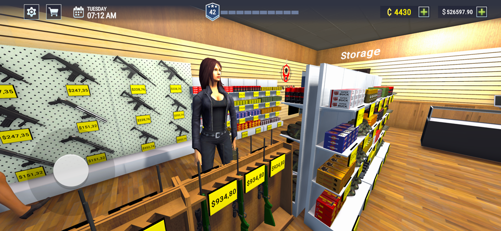 Gun Shop Simulator 3D Shooting - A 3D view of a gun shop interior with weapons on wall displays and ammo on shelves