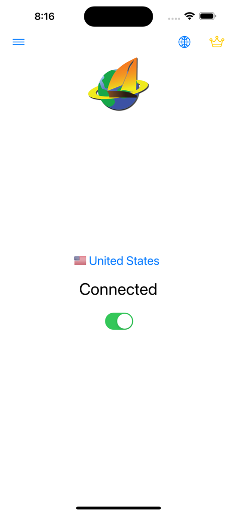 Ultrasurf VPN - Ultrasurf VPN 앱 인터페이스, 미국 서버에 성공적으로 연결되었음을 보여줌