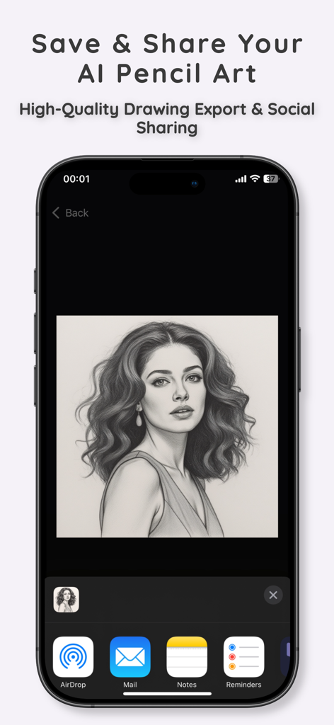 Pantalla de smartphone que muestra un boceto a lápiz de una mujer con opciones para compartir en redes sociales