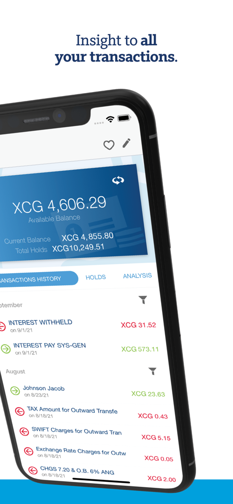 Transaction history and account balance screen on the WIB Mobile Banking St Maarten app.
