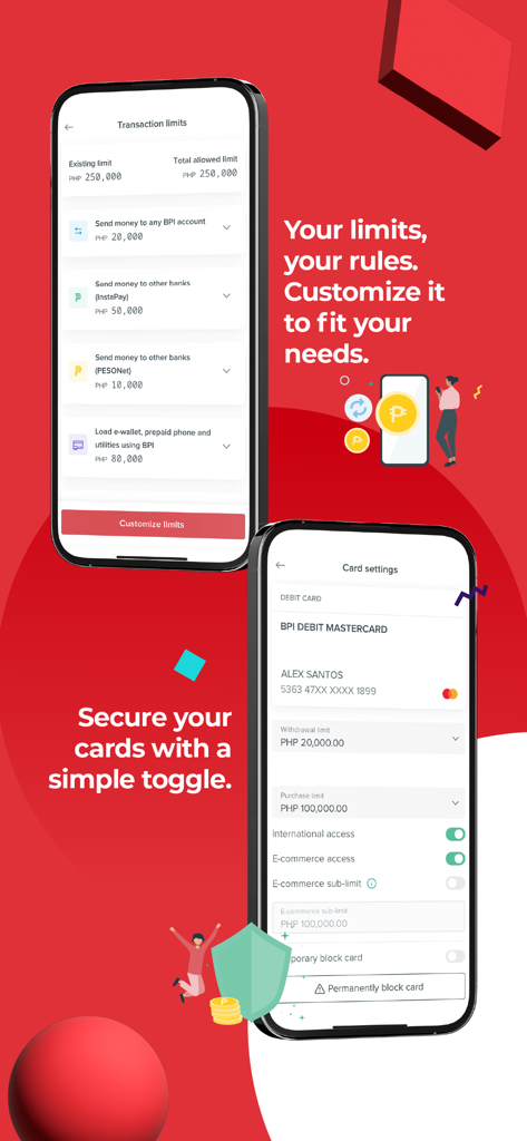BPI mobile app screens showing transaction limit customization and card security settings