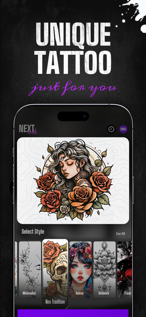 Next Ink: AI Tattoo Design - Next Ink app screen showing unique tattoo styles and a neo-traditional design of a woman with roses