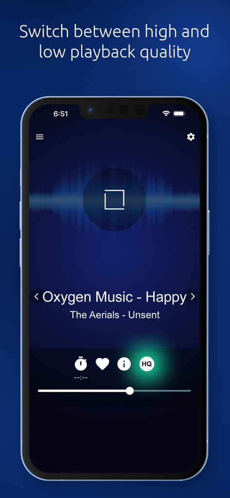 HU Radio - HU Radio app interface showing the option to switch between high and low playback quality for Hungarian radio streams