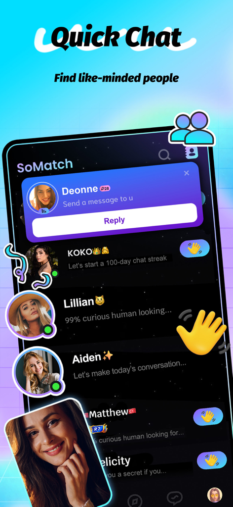 Interfaz de chat rápido en la aplicación SoMatch mostrando perfiles de usuario y opciones para iniciar conversaciones.