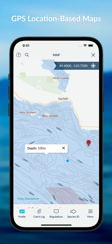 FishingBC - FishingBC app interface displaying a GPS location based map with water depth data